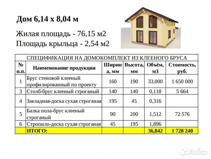 Домокомплект из бруса (клееного) 6,14х8,04 м