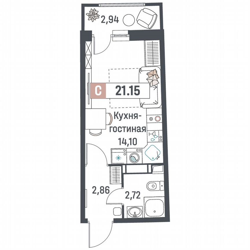 Квартира-студия, 21,2 м², 14/18 эт.