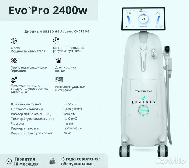 Диодный лазер для эпиляции люминес Evo-Pro 2400в