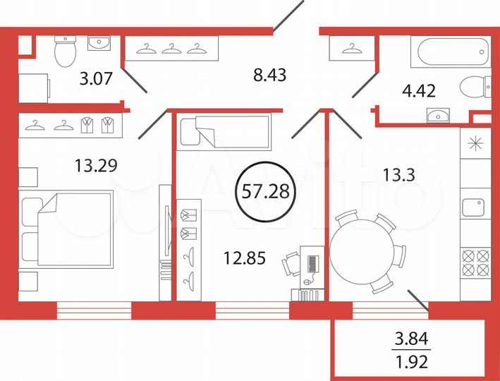 2-к. квартира, 57,3 м², 8/12 эт.
