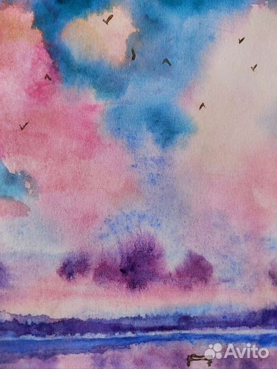 Акварель Летний закат на озере