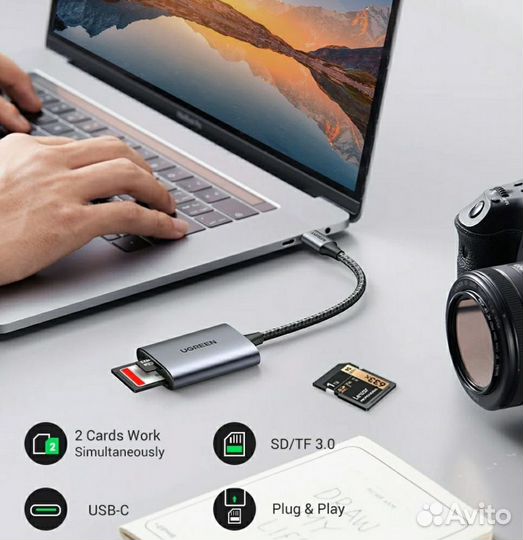 Картридер Ugreen SD/TF Card Reader USB-C 3.0