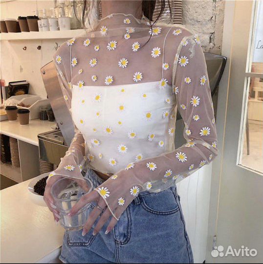 Прозрачный топ лонг сетка с ромашками