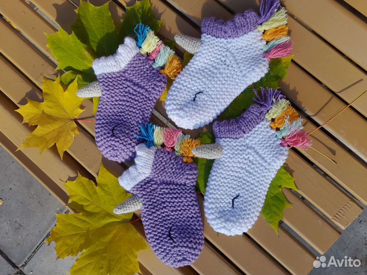 Домашние тапочки, носочки единороги, вязаные носки