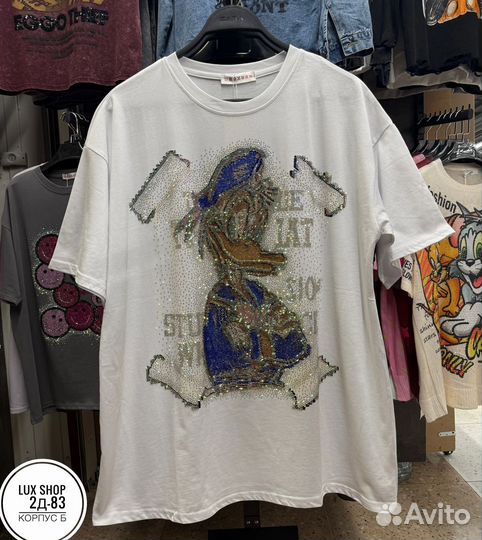 Футболка Доналд Дак стразы Оверсайз до 50