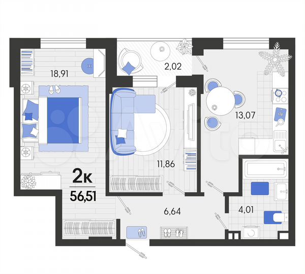 2-к. квартира, 56,5 м², 3/7 эт.