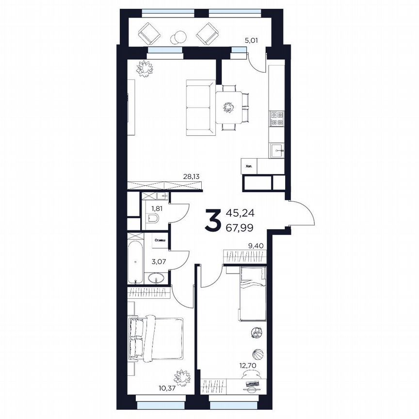 3-к. квартира, 68 м², 6/15 эт.