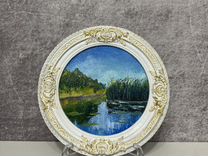Картина маслом миниатюра в рамке пейзаж Заводь