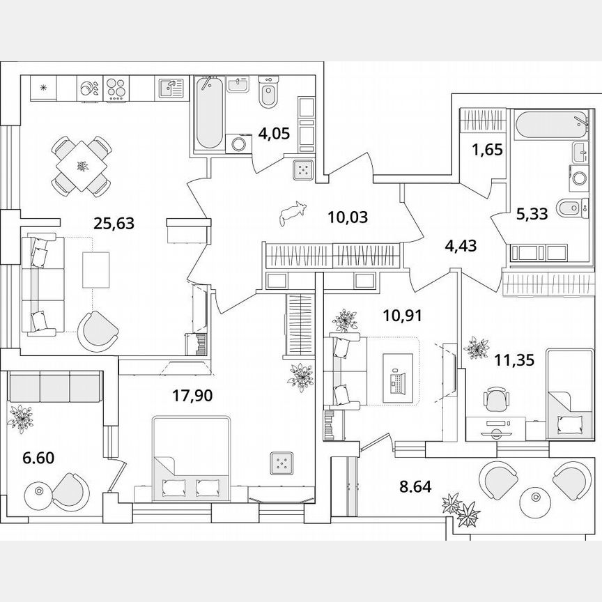 3-к. квартира, 98,9 м², 13/18 эт.