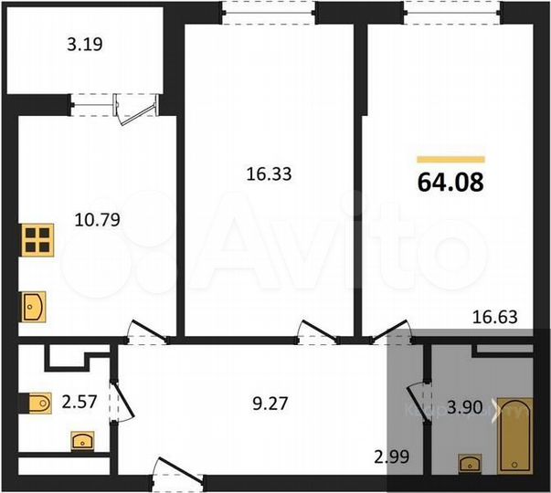 2-к. квартира, 64,1 м², 11/18 эт.