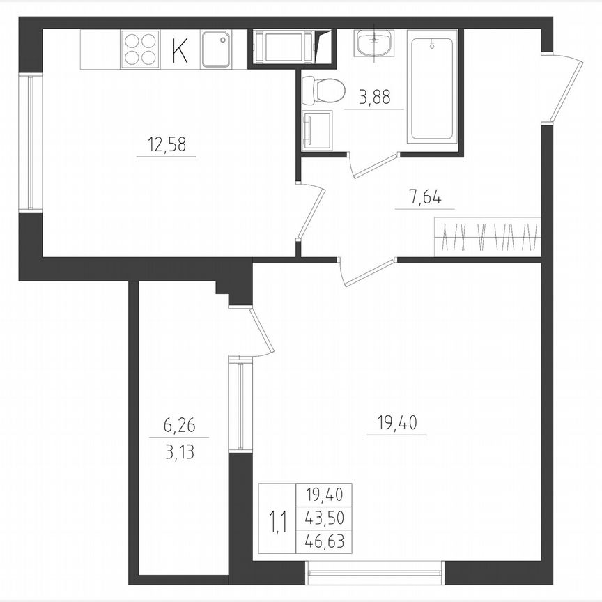1-к. квартира, 46,6 м², 3/8 эт.