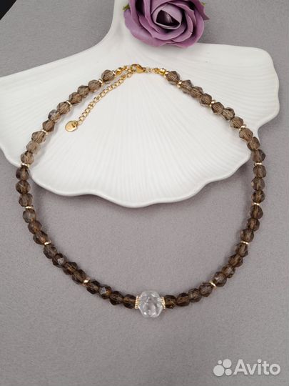 Чокер и серьги из дымчатого кварца раухтопаз