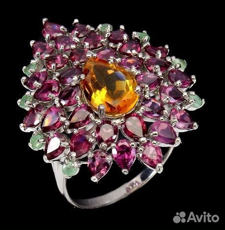 Серебряное кольцо цитрин гранат изумруд