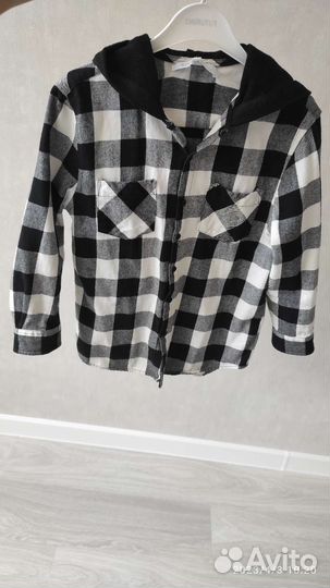 Рубашка в клетку с капюшоном р. 128