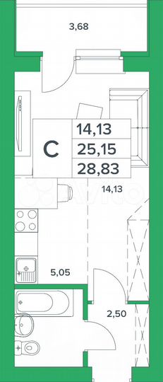 Квартира-студия, 28,8 м², 3/6 эт.