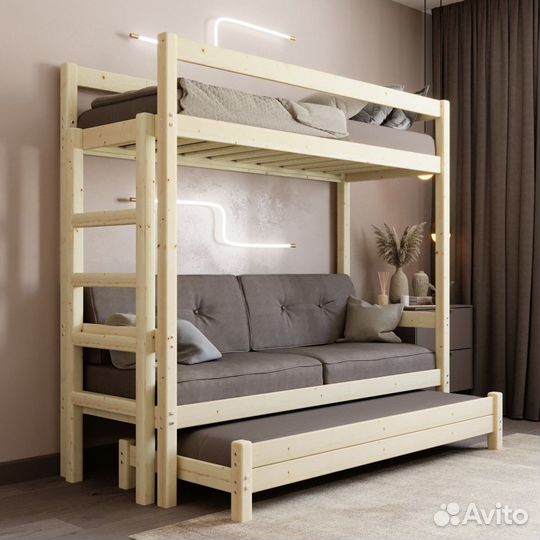 Кровать чердак с диваном деревянная