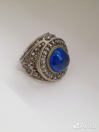 Кольцо/перстень мельхиор синий кабошон/ручная рабо