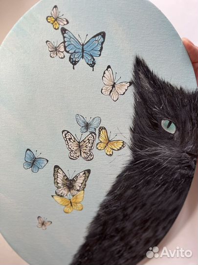 Картина маслом кот и бабочки