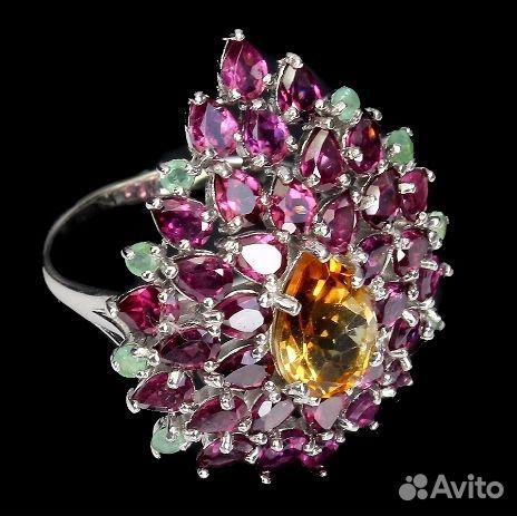 Серебряное кольцо цитрин гранат изумруд