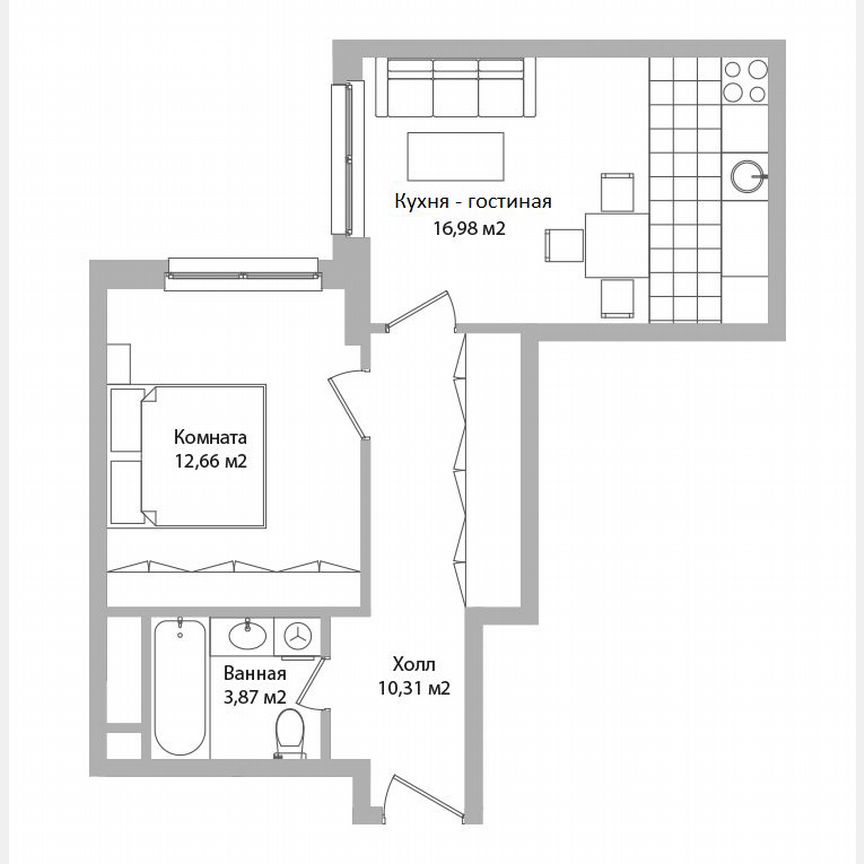 2-к. апартаменты, 43,8 м², 7/16 эт.