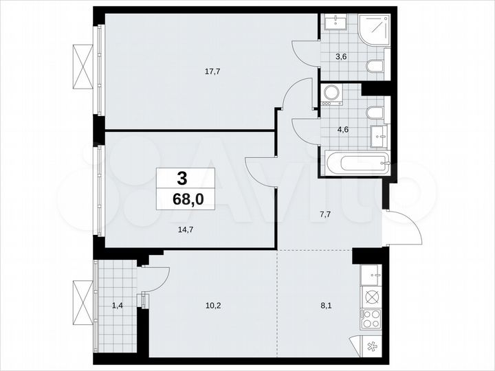 3-к. квартира, 68 м², 18/19 эт.