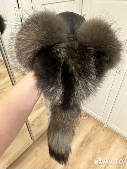 Мужская зимняя шапка. Чернобурка+кожа. р56