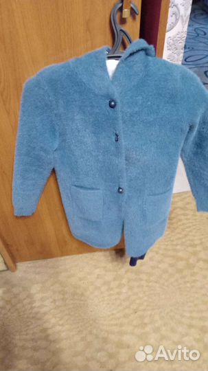 Кардиган для девочки 140 синий с капюшоном
