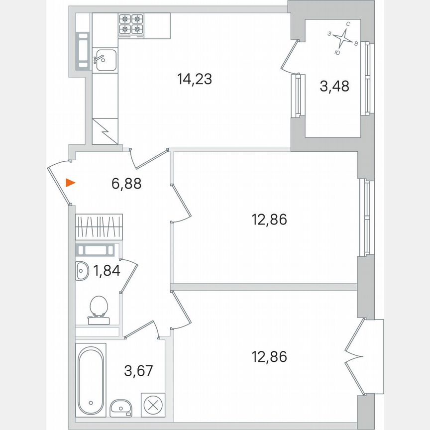 2-к. квартира, 54,1 м², 3/4 эт.