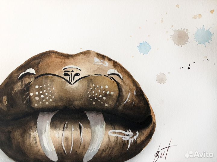 Картина Губы Морж Акварелью Сюрреализм 21х30