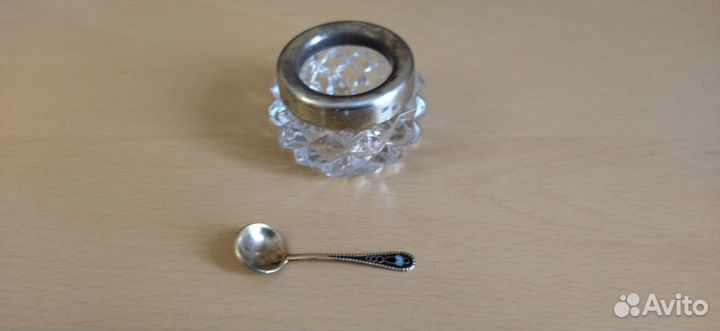Хрустальная солонка серебро 875 с серебр. ложкой