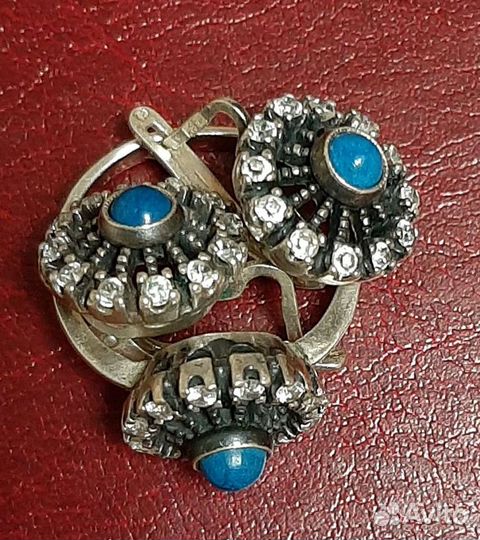 Серьги и кольцо из СССР с бирюзой и фианитами