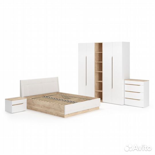Мебель в спальню Муссон № 5 цвет белый/дуб эндгрейн элегантный/искусственная кожа белая, кровать с п