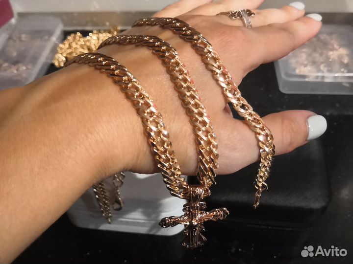 Золотая цепь двойной ромб 9 мм+крест+браслет
