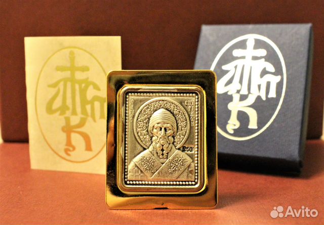 Икона новая святой Спиридон серебро 950, позолота