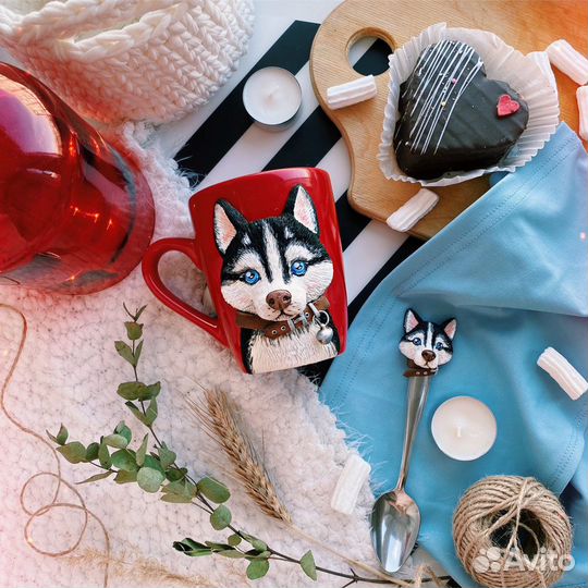 Кружка и ложка ручной работы «хаски»