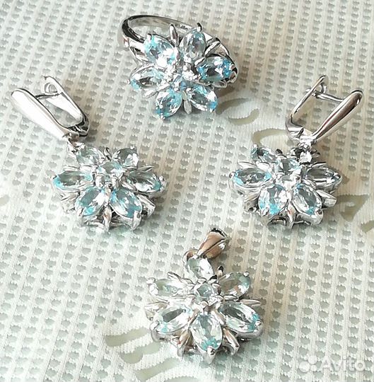 Серьги, кольцо 17,5, кулон топаз серебро С373
