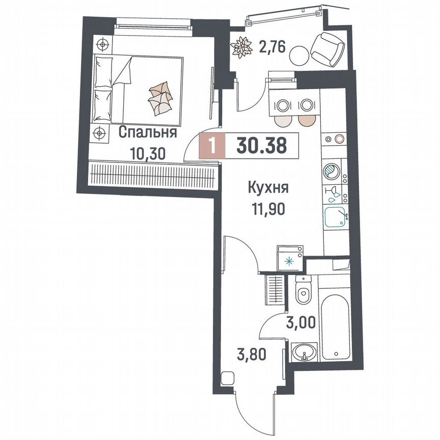 1-к. квартира, 30,4 м², 2/18 эт.