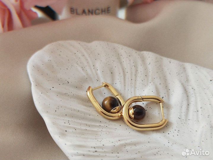 Золотые серьги кольца с тигровым глазом