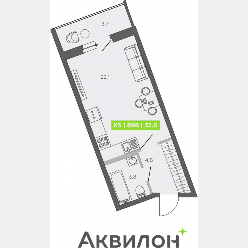 Квартира-студия, 32,6 м², 1/13 эт.