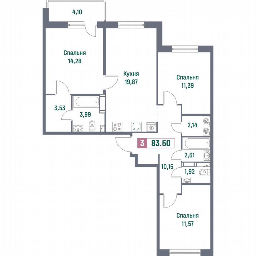 3-к. квартира, 83,5 м², 14/16 эт.