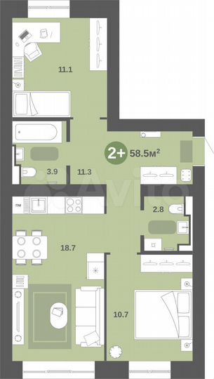 2-к. квартира, 58,5 м², 7/9 эт.