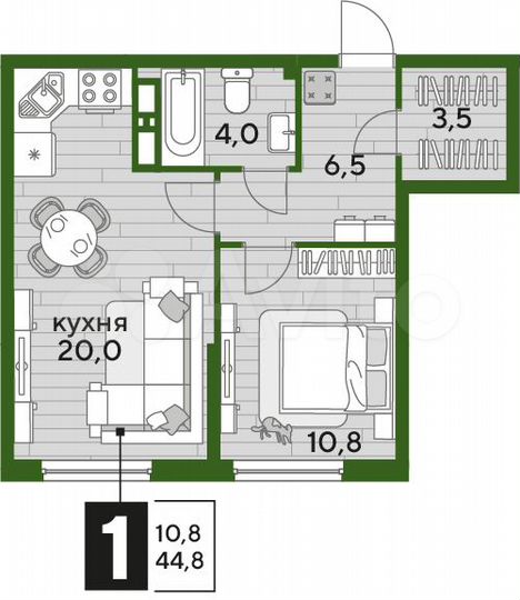 1-к. квартира, 44,8 м², 12/16 эт.