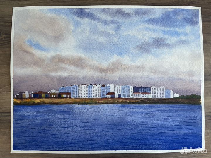 Город у моря картина акварель