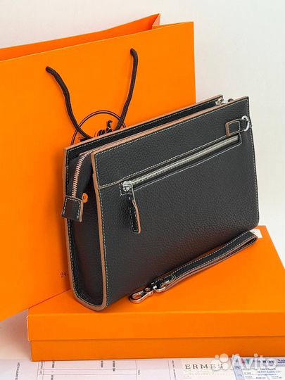 Клатч мужской натуральный кожа Hermes чёрный
