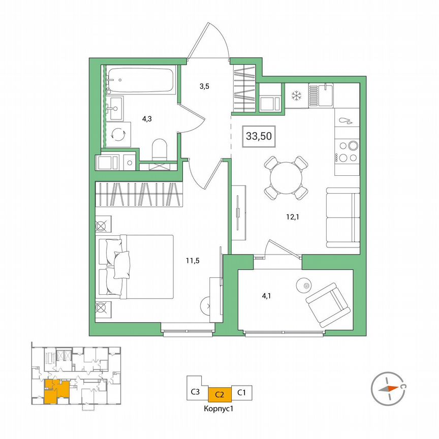 1-к. квартира, 33,5 м², 10/12 эт.