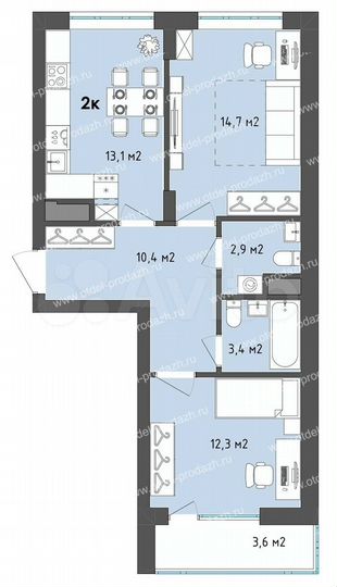 2-к. квартира, 58,6 м², 7/12 эт.