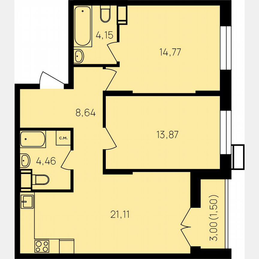 2-к. квартира, 69,9 м², 16/19 эт.