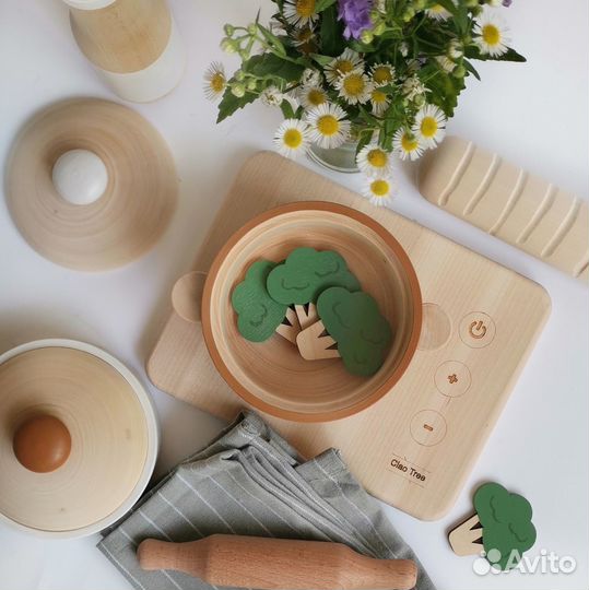 Деревянная посуда и еда, игрушки для детской кухни
