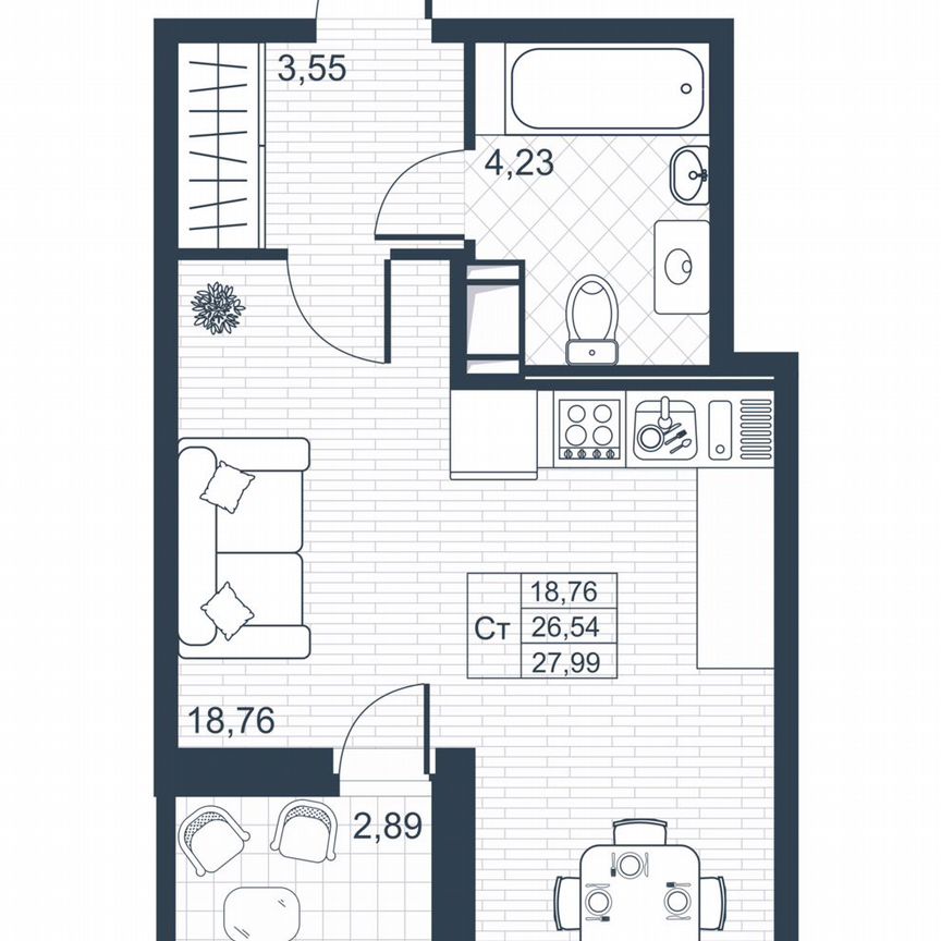 Квартира-студия, 26,4 м², 5/9 эт.