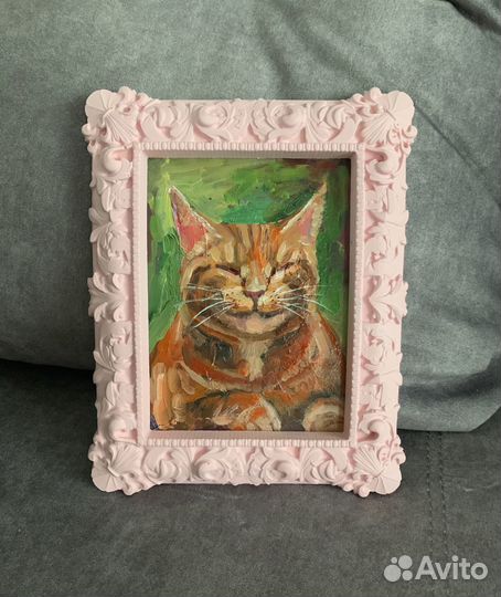 Картина маслом, рыжий кот в рамке 17х20 см